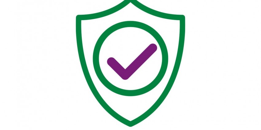Graphic design of a security badge with a tick in the centre.