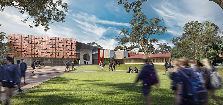 Artist impression of new school in Fremantle with buildings and school kids playing.
