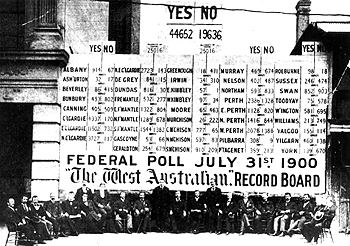 The Western Australian Record Board with the results of the Federal poll, 31 July 1900. Battye Library 949P - Constitutional Centre of Western Australia