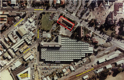 Photograph of an aerial view of the Wembley office including boys' school boundary.