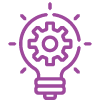 Purple outline image of a lightbulb with a cog in the middle