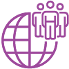 Purple outline of a globe with three people