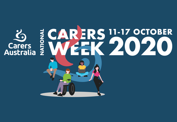 Illustration of four people in various poses, under banner text which reads 'National Carers Week 11 to 17 October 2020'.