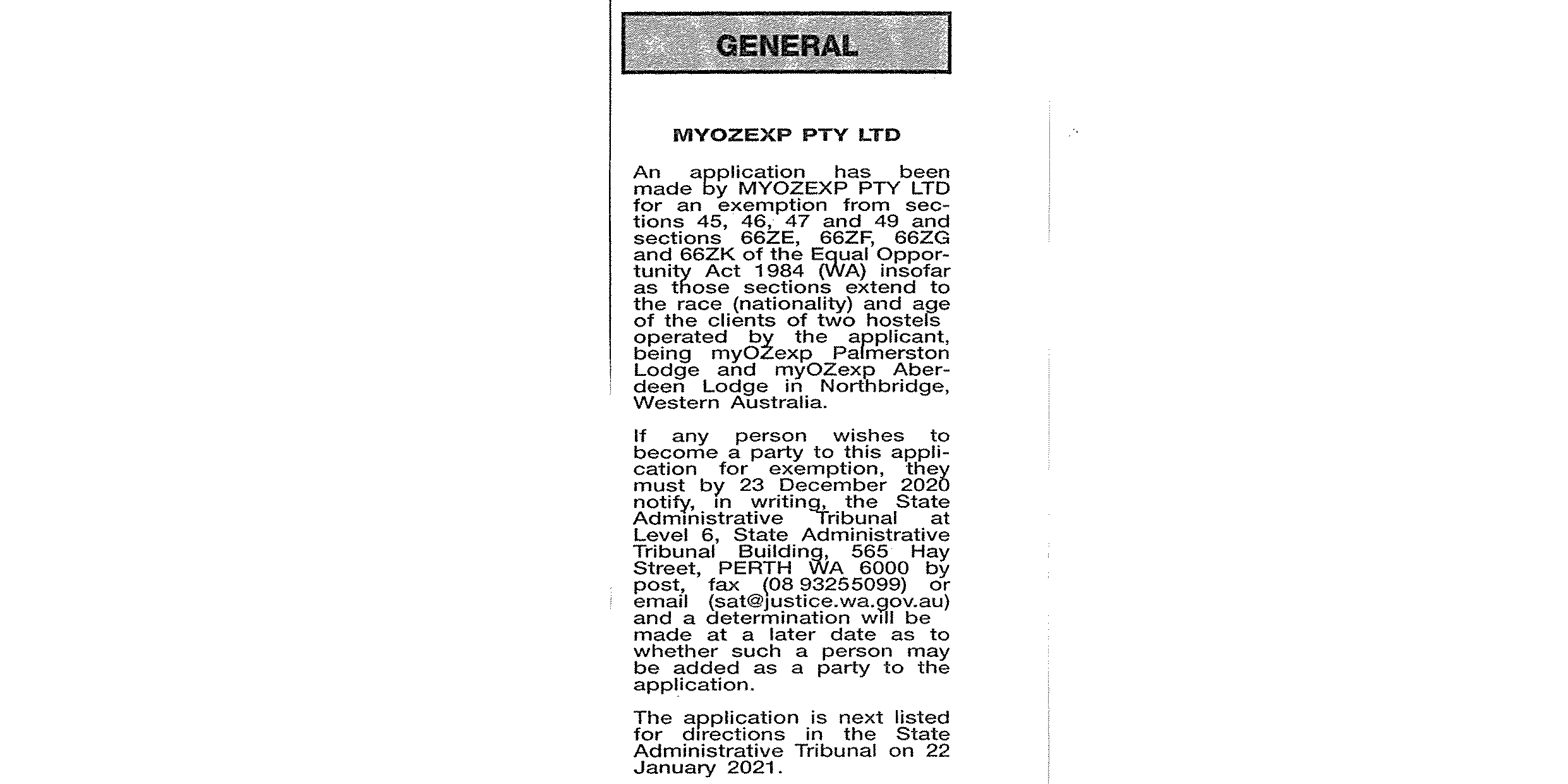 Newspaper clipping of exemption application