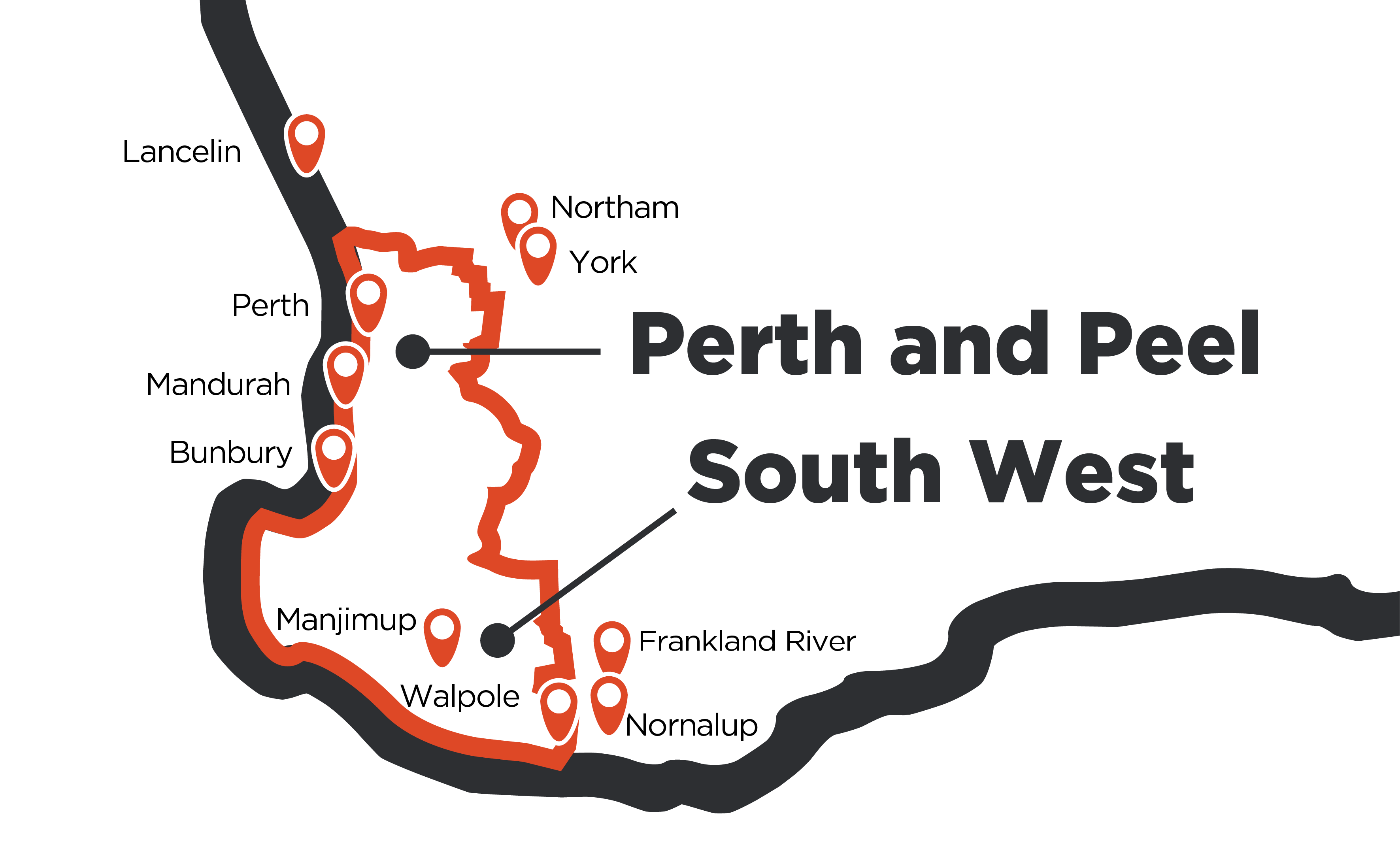 Map of affected lockdown area including Perth, Peel and Southwest