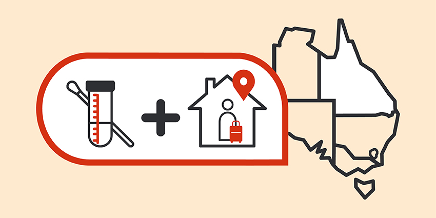 A map of Australia with Queensland shaded alongside a thermometer and person outside a house awaiting travel