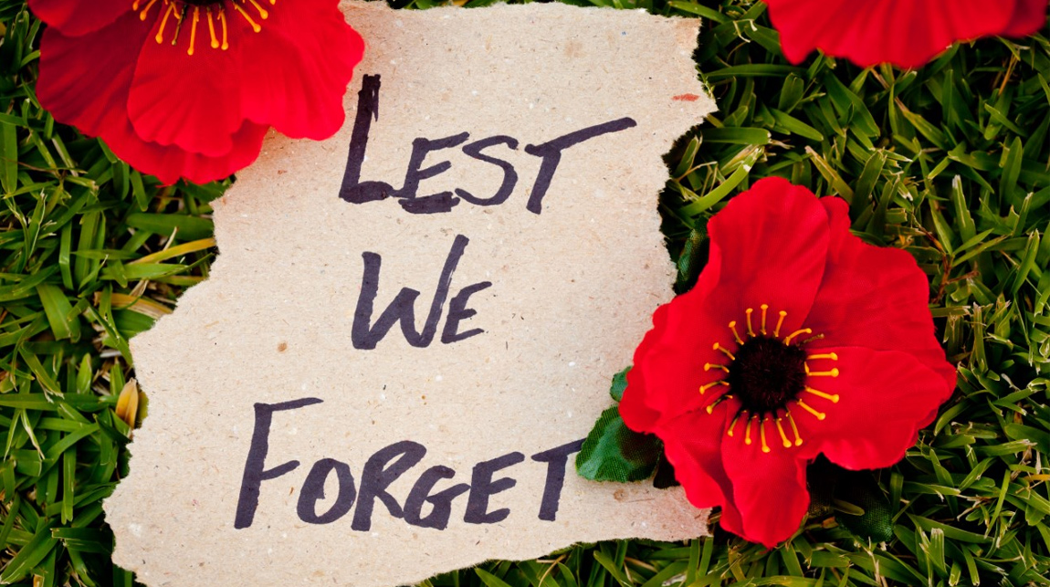 Note with Lest We Forget on grass with poppies