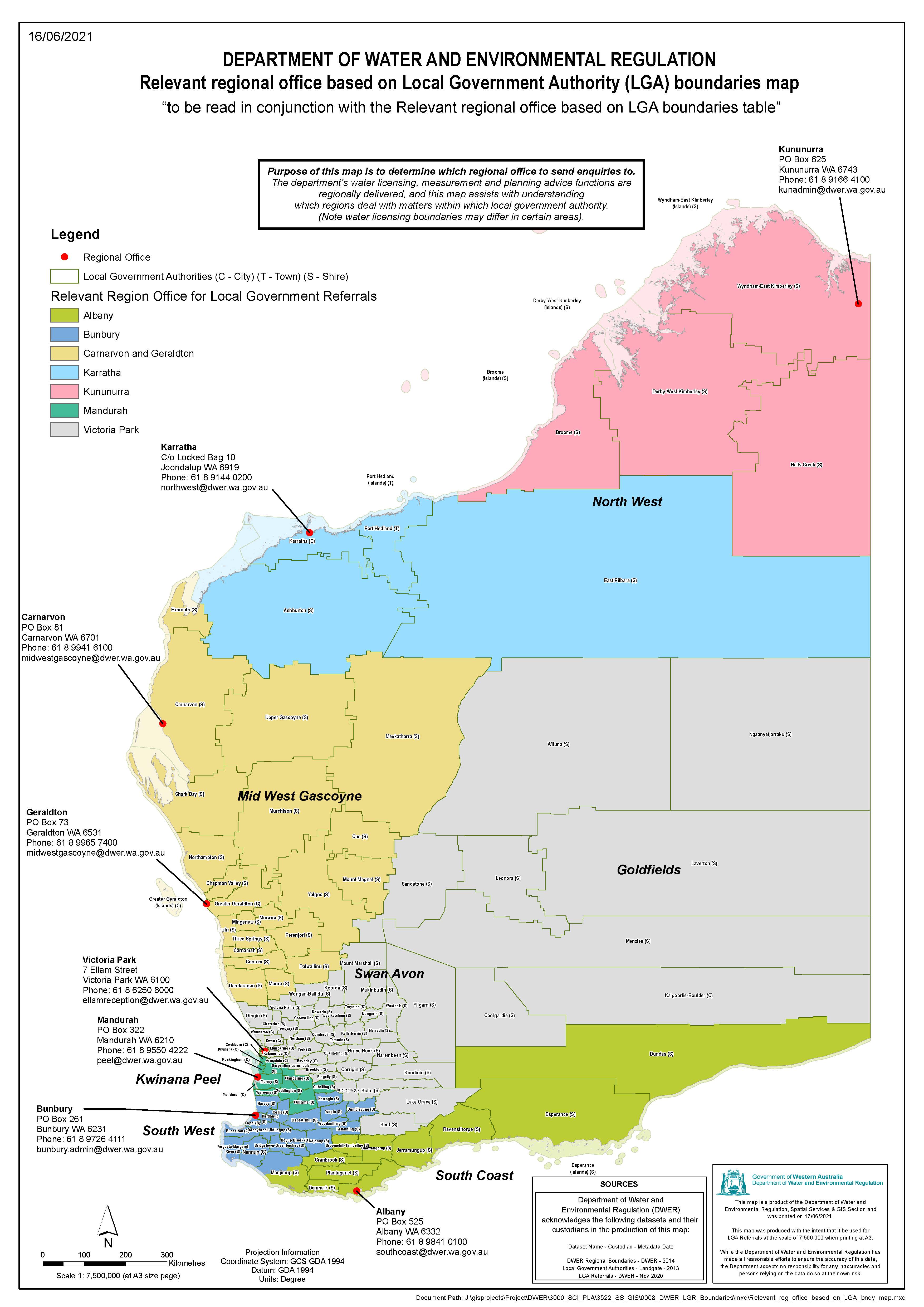 DWER relevant regional office based on Local Government Authority (LGA) boundaries map