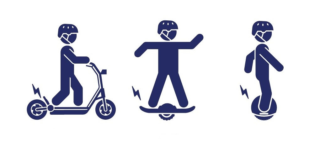 Icons of a person riding an e-scooter, an e-onewheel skateboard and an e-unicycle