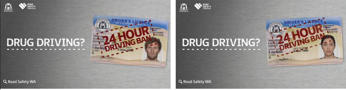 Billboards showing driver's licences stamped with 24 hour driving ban