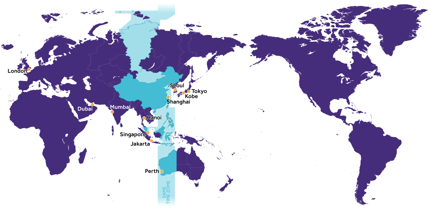 World map showing the international offices in London, Dubai, Mumbai, Hanoi, Seol, Tokyo, Kobe, Shanghai, Singapore, Jakarta and Perth.