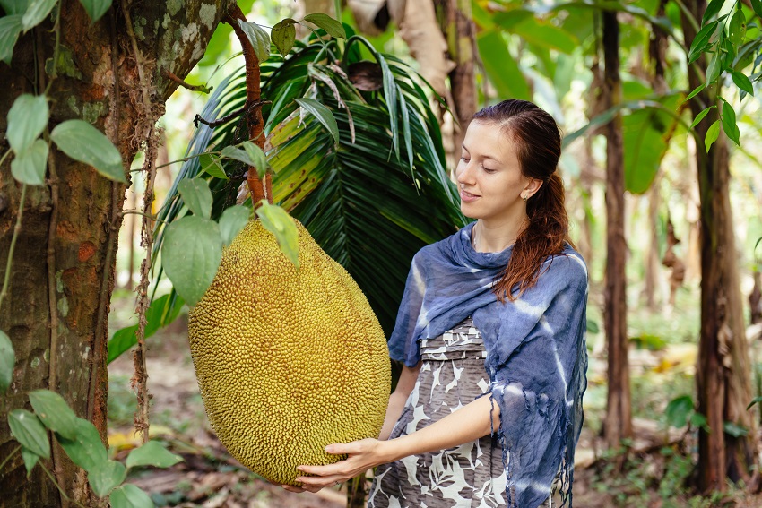 young woman holding and gazing an enormous jackfruit