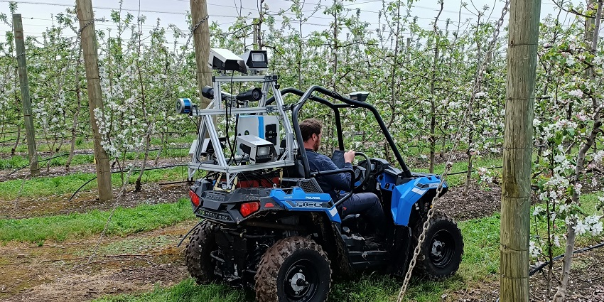 Man in orchard riding vehicle