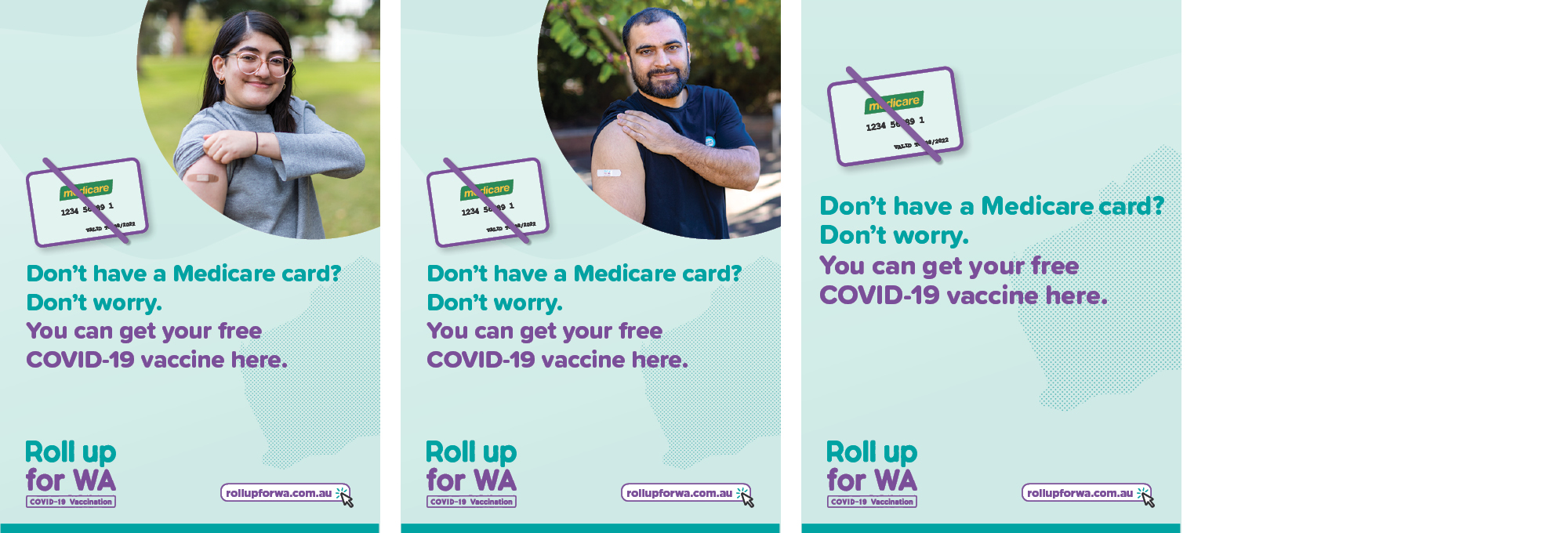 Stakeholder toolkit preview showing you don't need medicare to get your free COVID-19 vaccination poster options