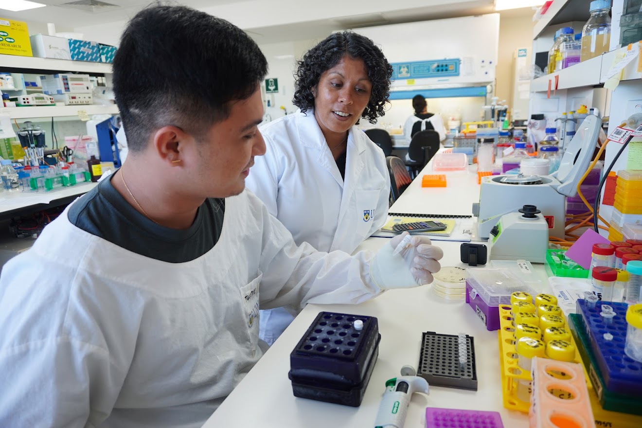 Scientist examining test tubes
