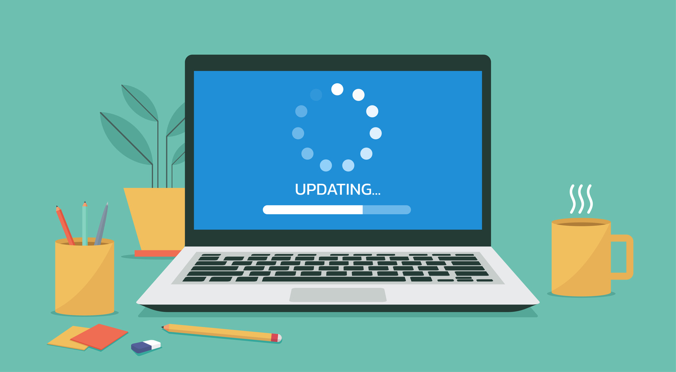 Graphic of a laptop screen that says updating