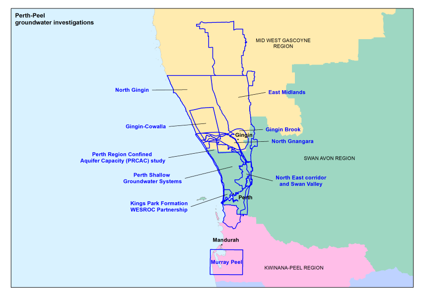 Map showing the locations of groundwater investigations in the Perth-Peel region