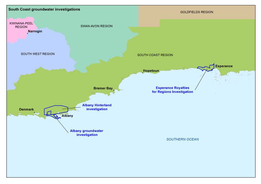Map showing the locations of groundwater investigations in the South Coast region