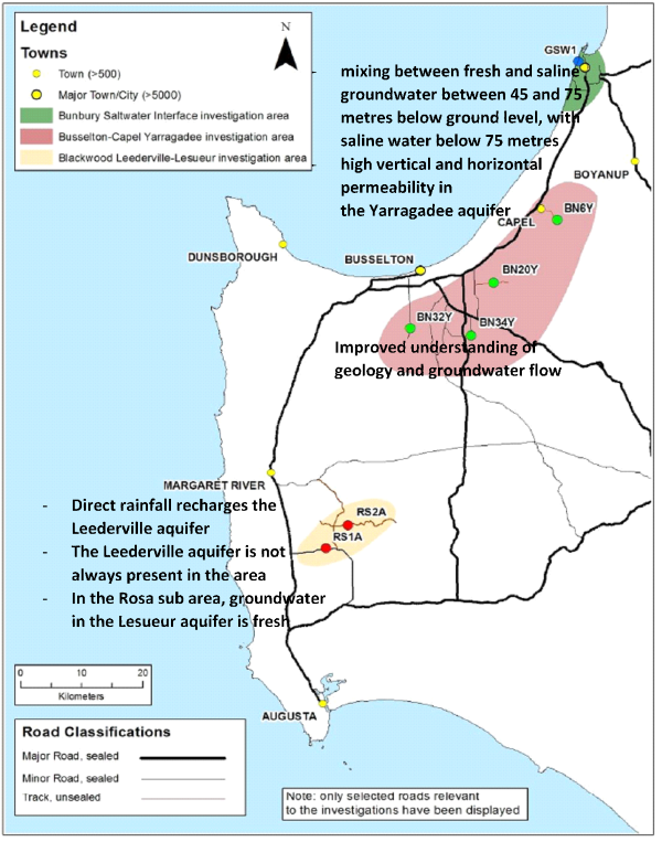 Map of the reconnaissance groundwater investigation in the South West region of WA
