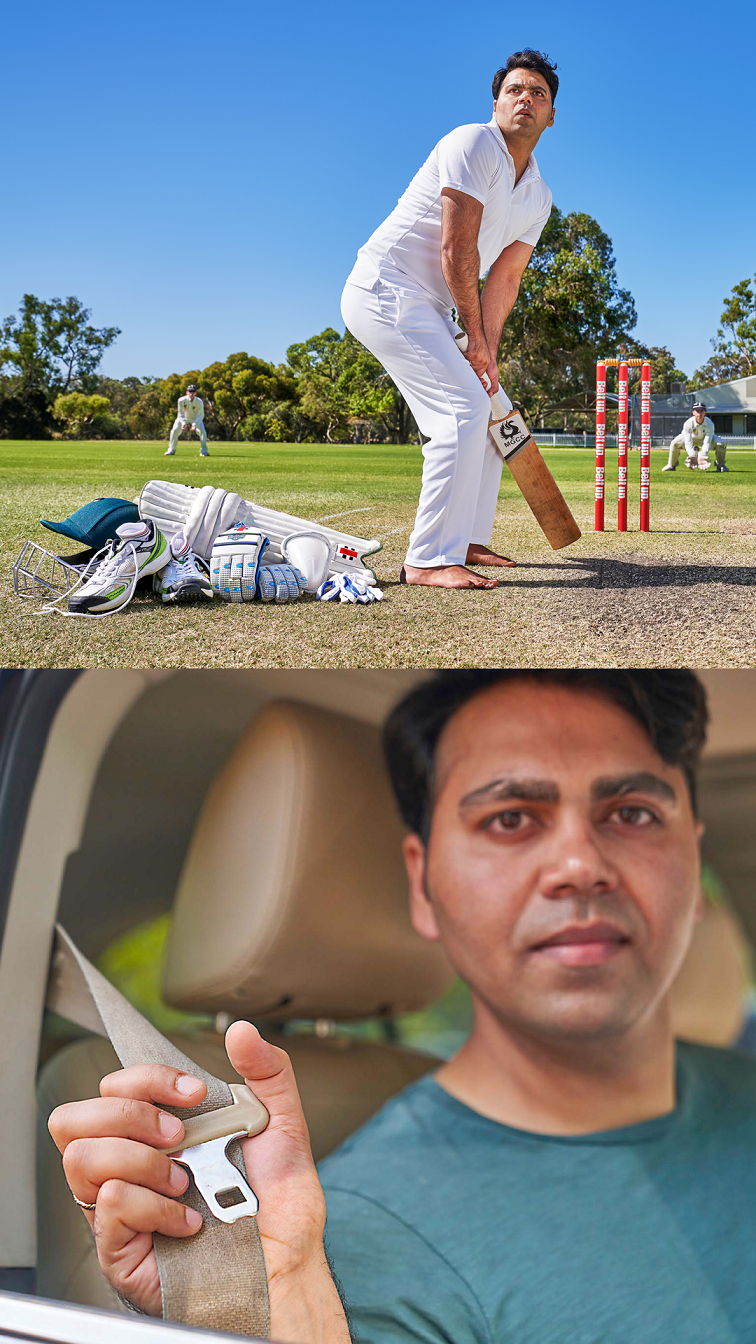 Cricketer putting on a seatbelt