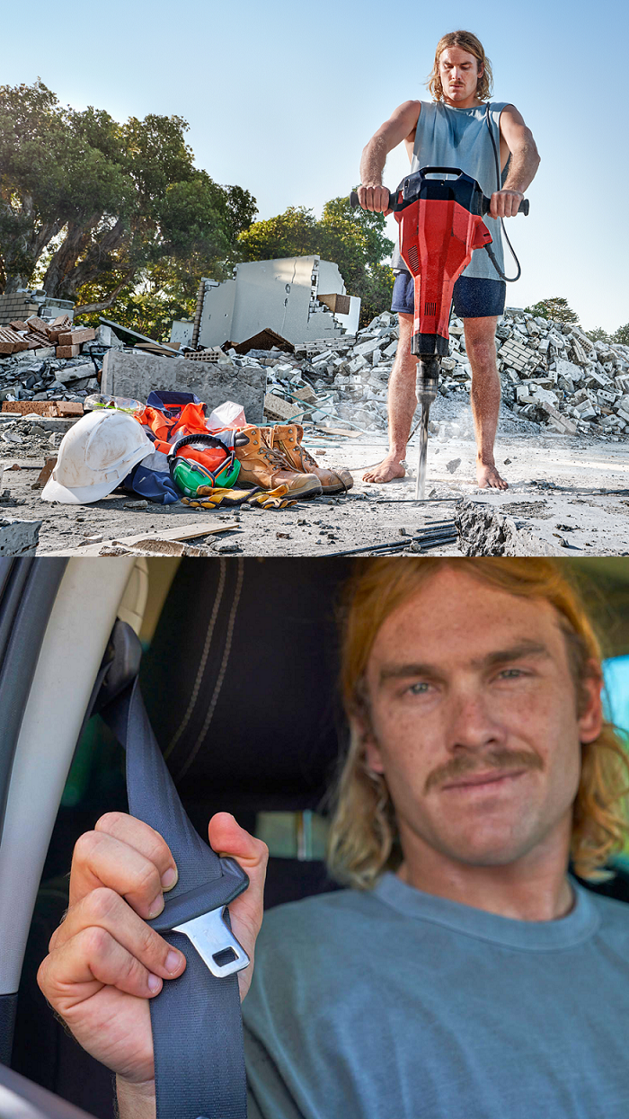 tradie puts on a seatbelt