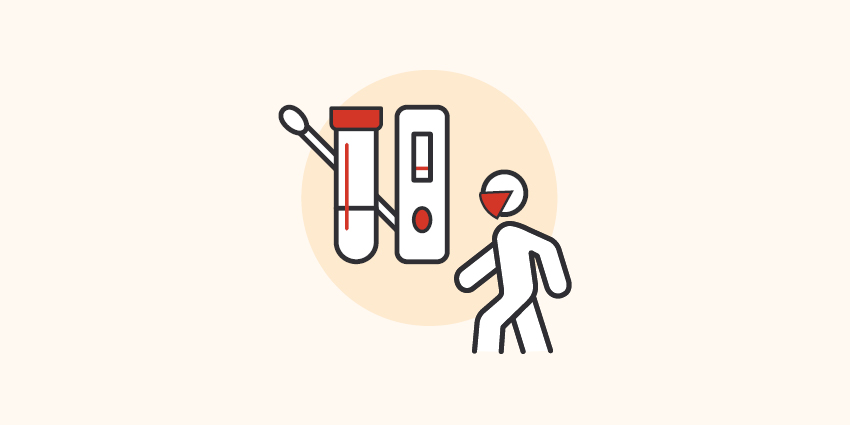 Man with a mask icon behind an orange background with a RAT test icon in a dark orange circle