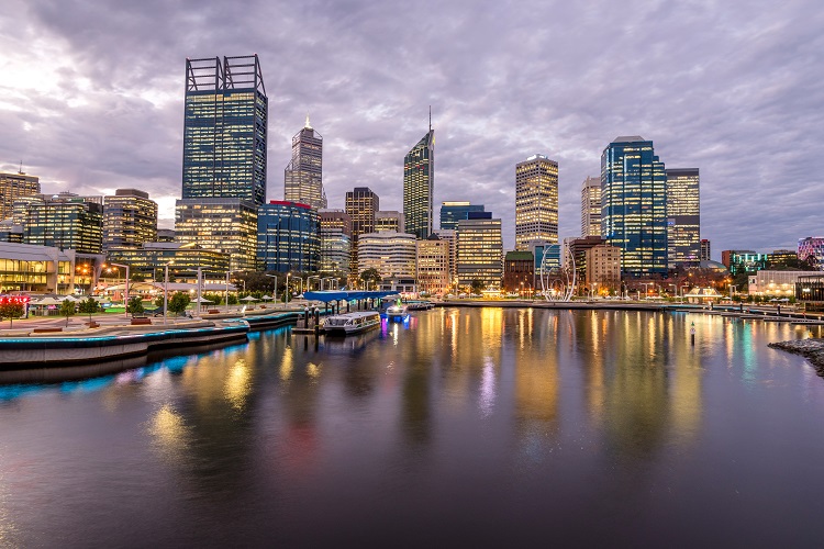 Perth city from river with cloudy sky