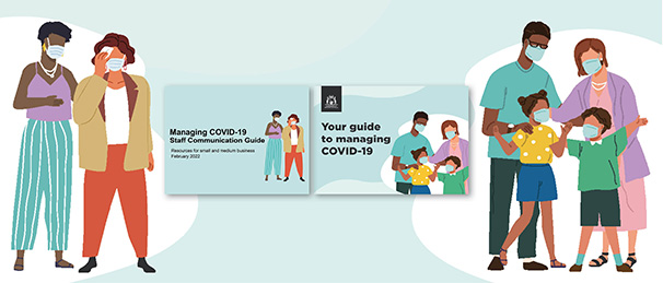 Animated style graphic showing preview images of the downloadable resources for living with COVID-19