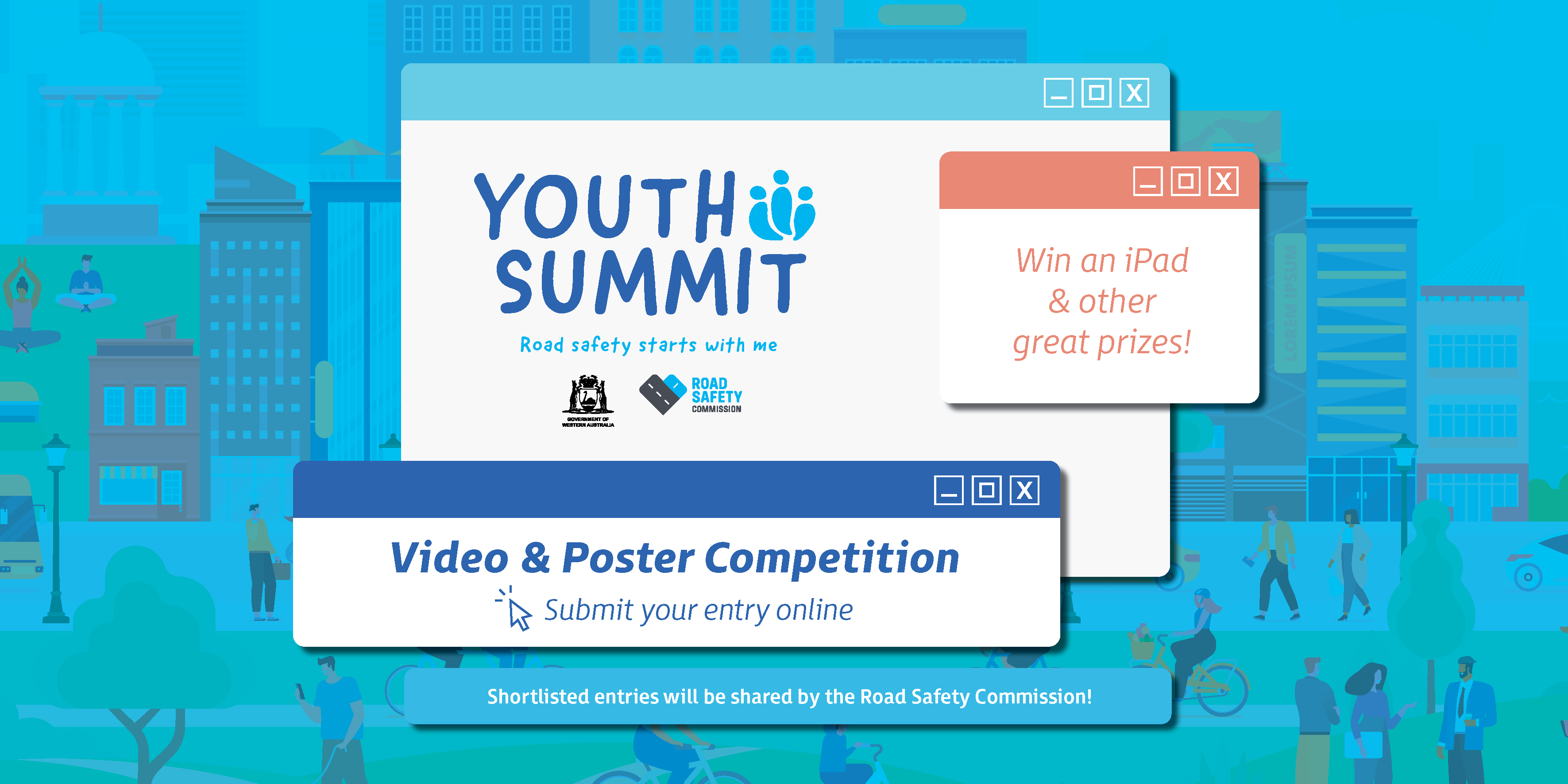 White boxes on blue background, with text that reads: Poster and video competition, submit your entry online, win an ipad and other prizes. 