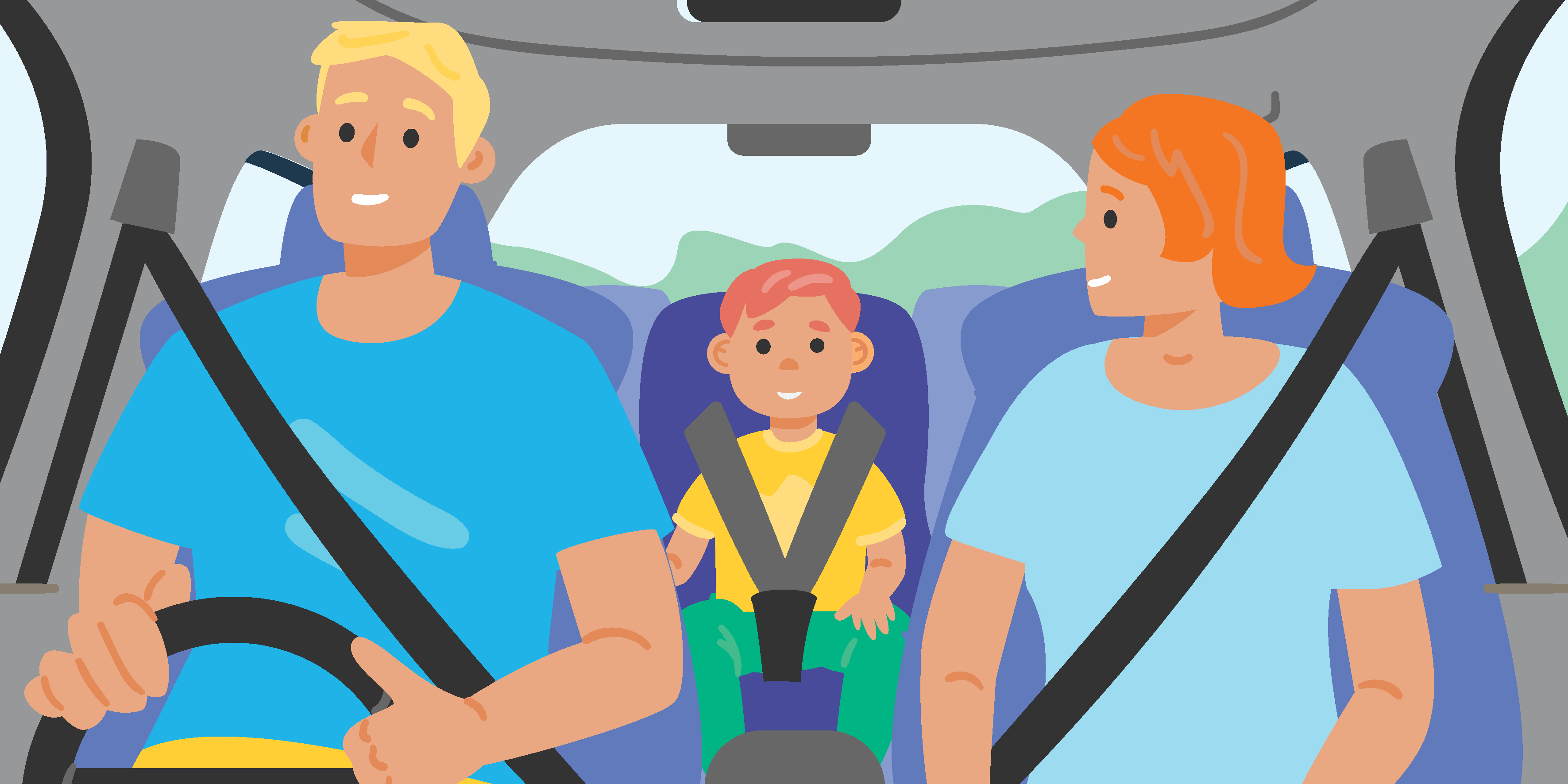 a family driving together in a car, with seatbelts on. Two adults in the front, with a child in a safety seat in the backseat. 