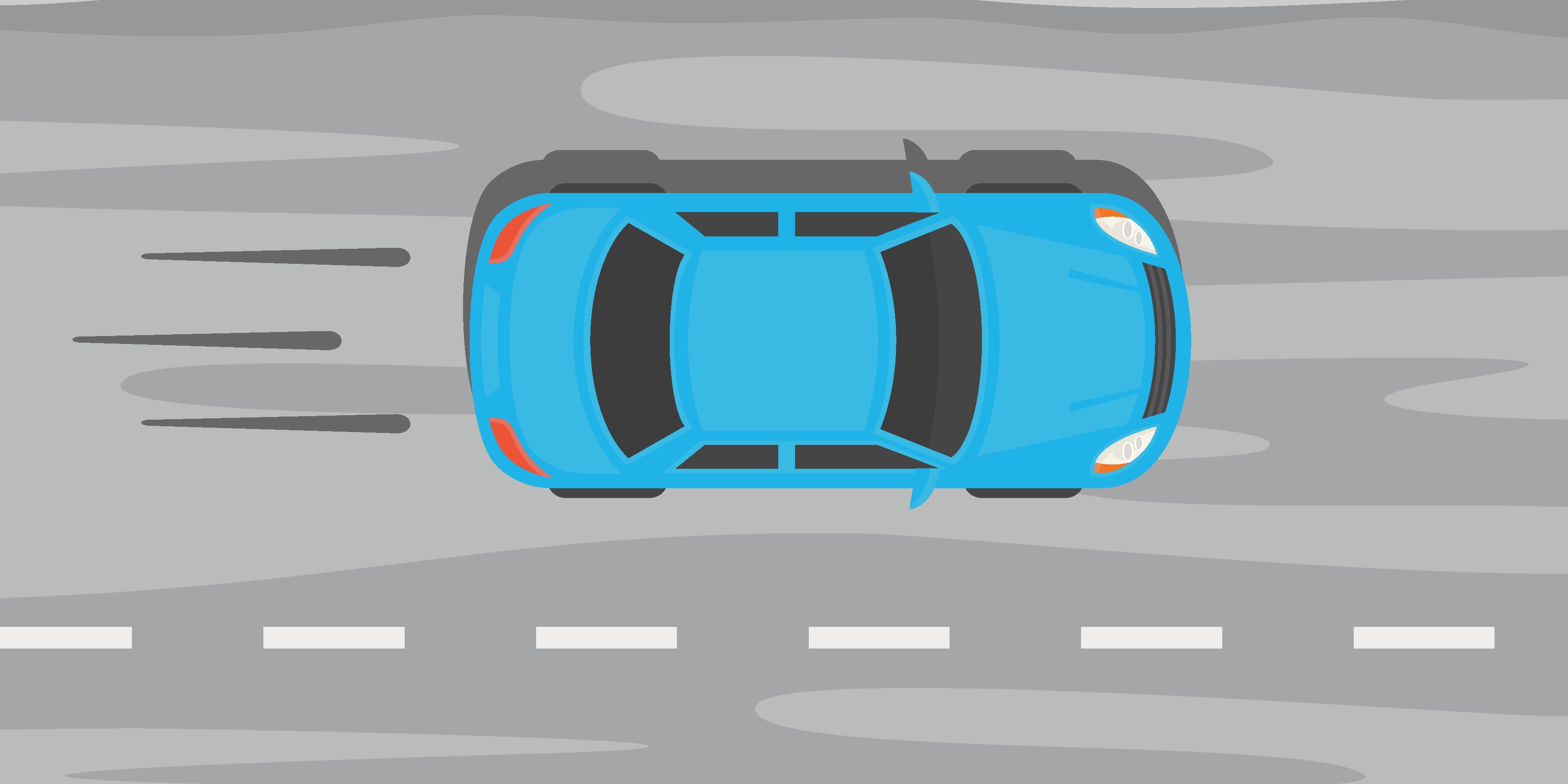 a blue car speeding on a grey road