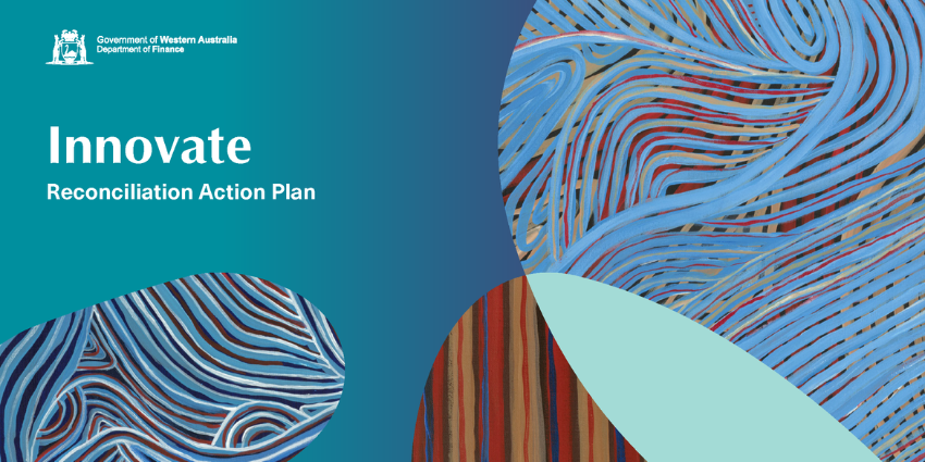 Image with blue background and pebbles with Aboriginal artwork 