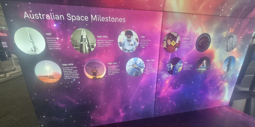 An exhibit outlining Australia's space industry milestones at Avalon 2023
