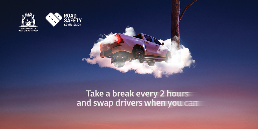 Image shows a utility vehicle crashing into a tree in a cloud of smoke, text says 'Take a break every two hours and swap drivers when you can'