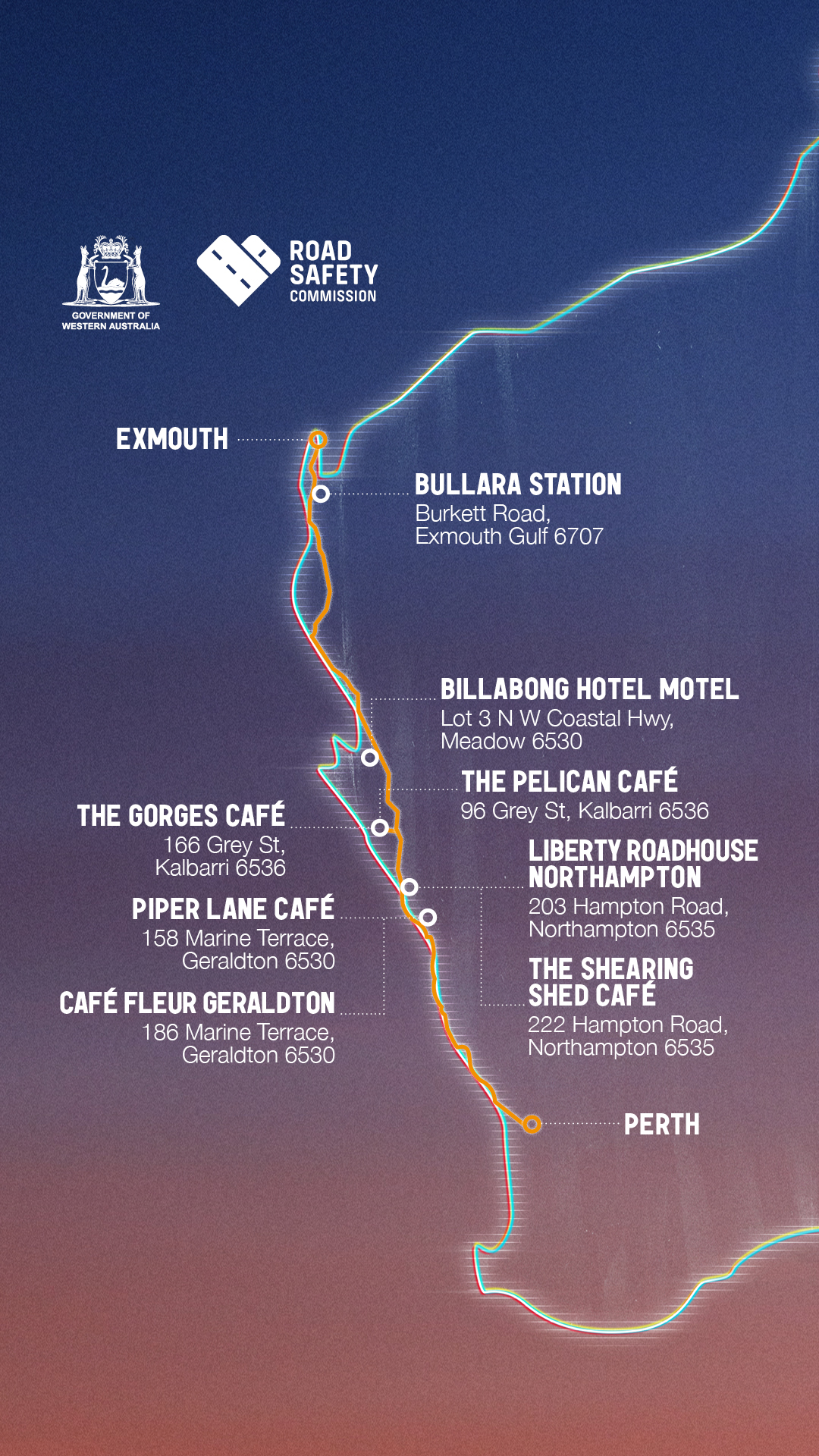 A map showing locations of coffee shops on the way to Exmouth from Perth