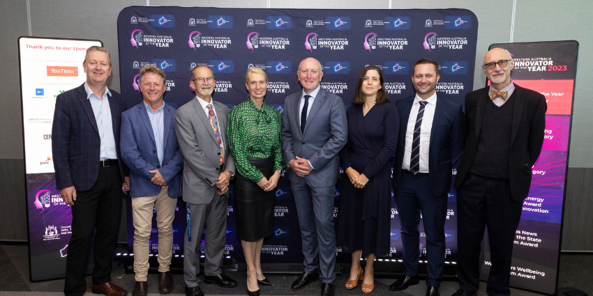 Image of Charlie Gunningham from the JTSI Innovation team, Mat Lewis of the Creative Tech Innovation Hub, WA Chief Scientist Peter Klinken, TSI Deputy Director General Linda Dawson, WA Minister for Innovation and ICT Stephen Dawson, 2022 IOTY overall winner Kate Lewkowski of Neurotologix, Leslie Delaforce of Minderoo, and Neil Freeman of Rio Tinto at the 2023 WA Innovator of the Year launch event