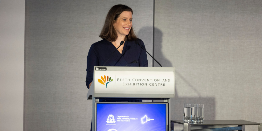 Image of WA Innovator of the Year 2022 overall winner Kate Lewkowski speaking at the WA IOTY 2023 launch event
