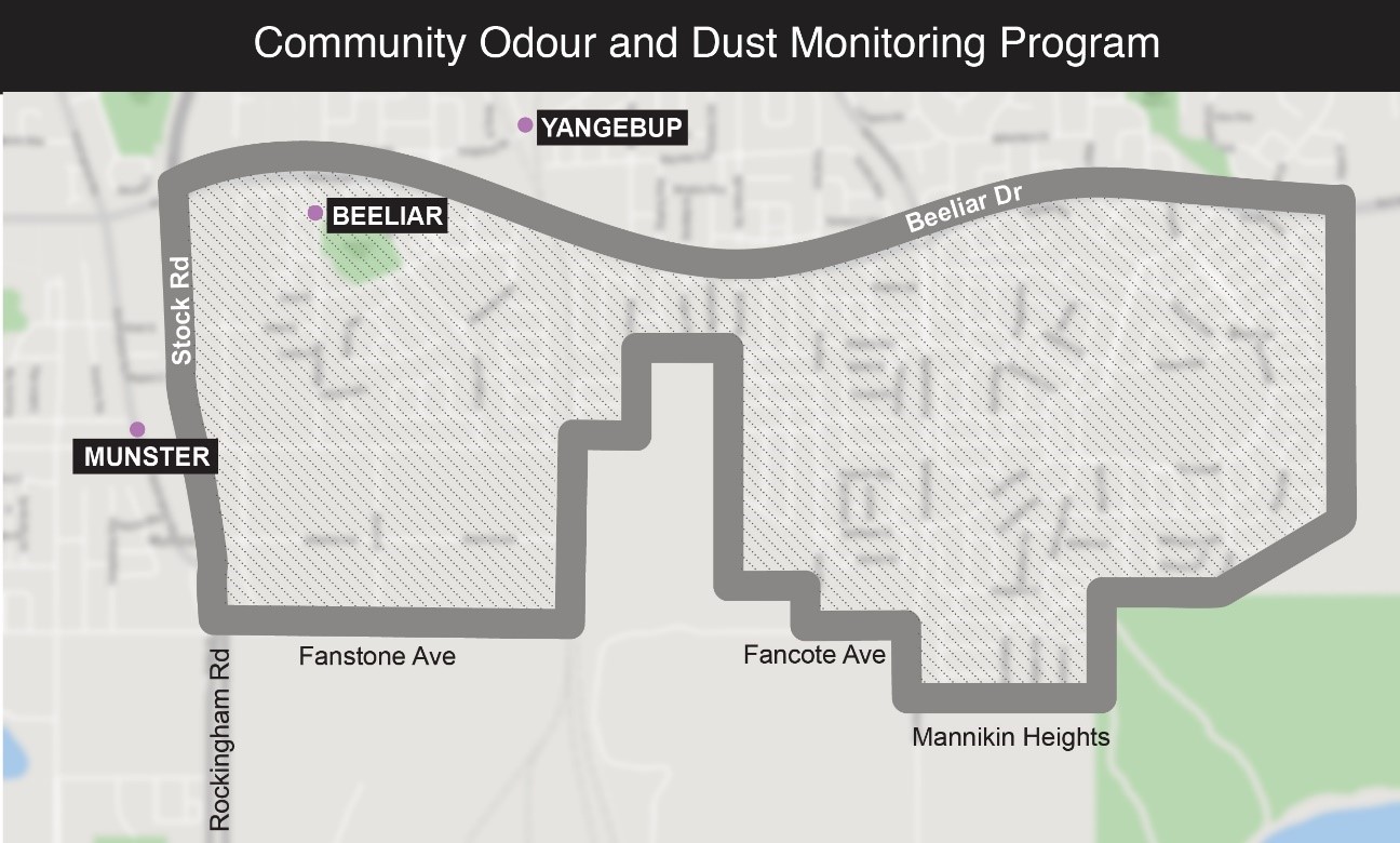 Map of the area where odour and dust monitoring will occur.