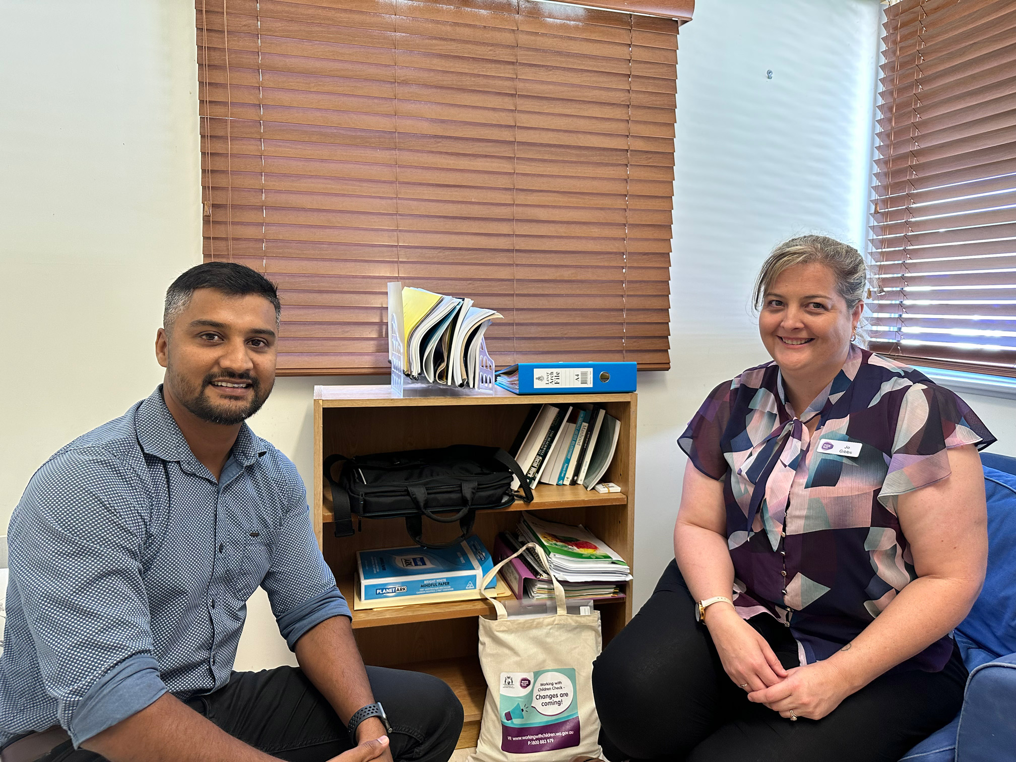 Department of Communities’ Senior Child Protection Worker – Indian Ocean Territories Arun Sebastian and Jo Gibbs (Senior Community Engagement officer – Working with Children Screening Unit) meet to discuss changes to the Working with Children legislation and issues affecting children on Christmas Island.