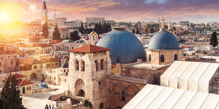 Image of Israel depicting blue dome roofs and other historic buildings