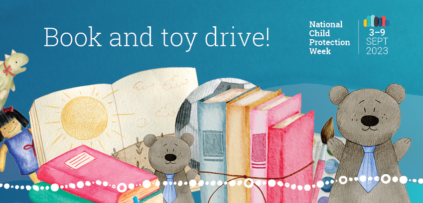 Graphic of a bunch of toys and the words "Book and toy drive"