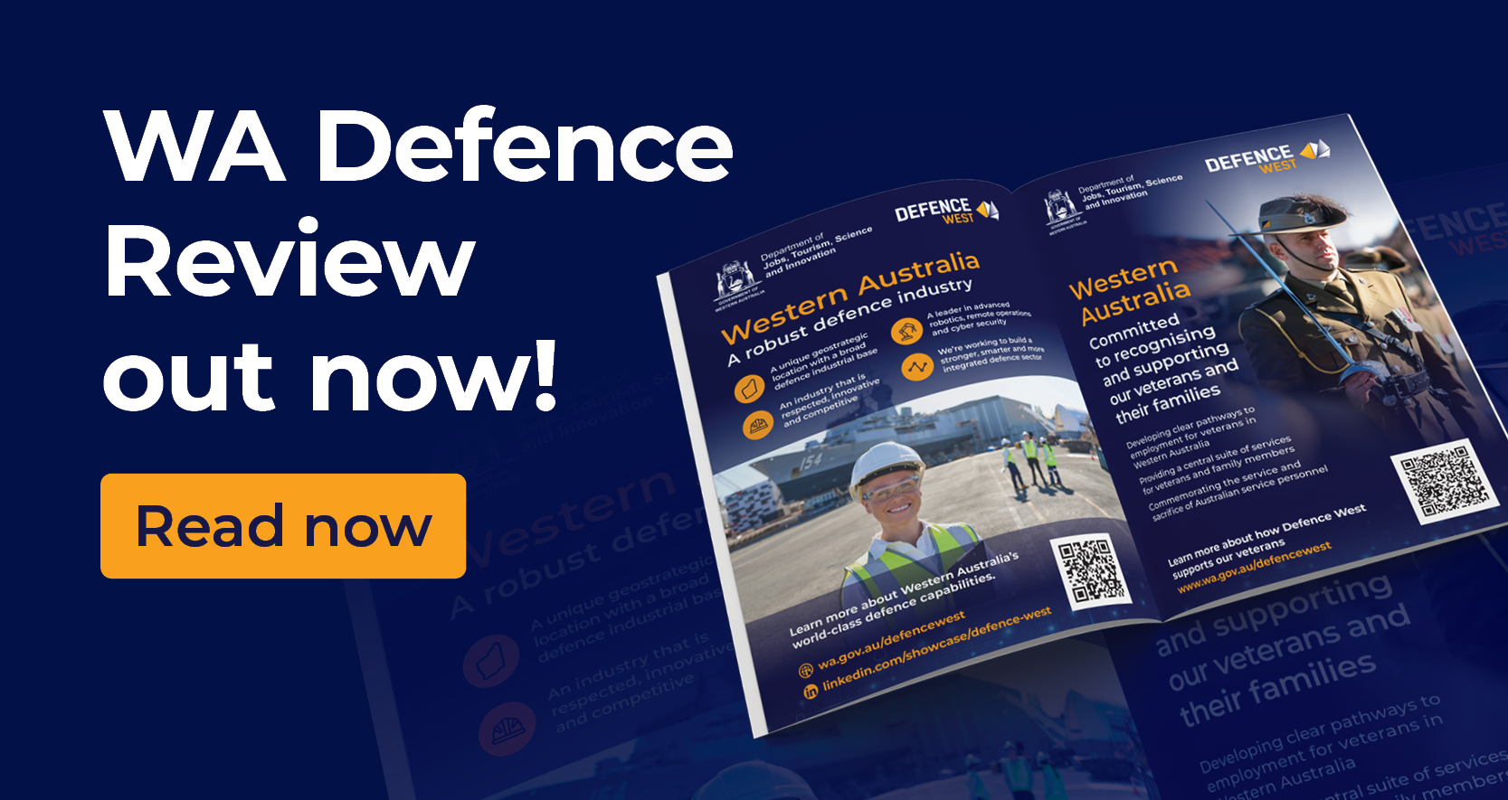 Next to the text "WA Defence Review out now!" is a mockup of the magazine