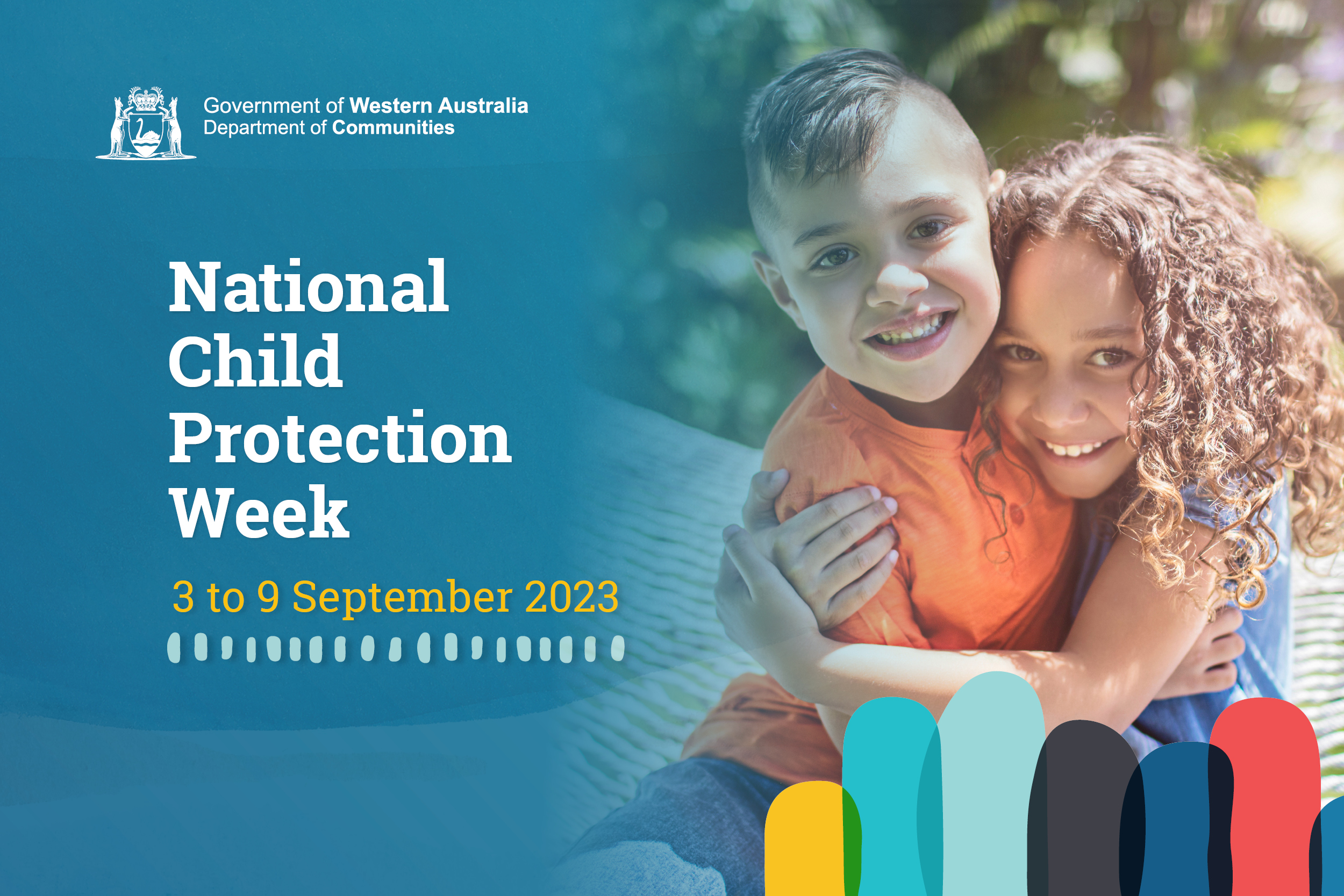 Image of two children hugging each other; Communities logo; the Words National Child Protection Week 3 to 9 September 2023