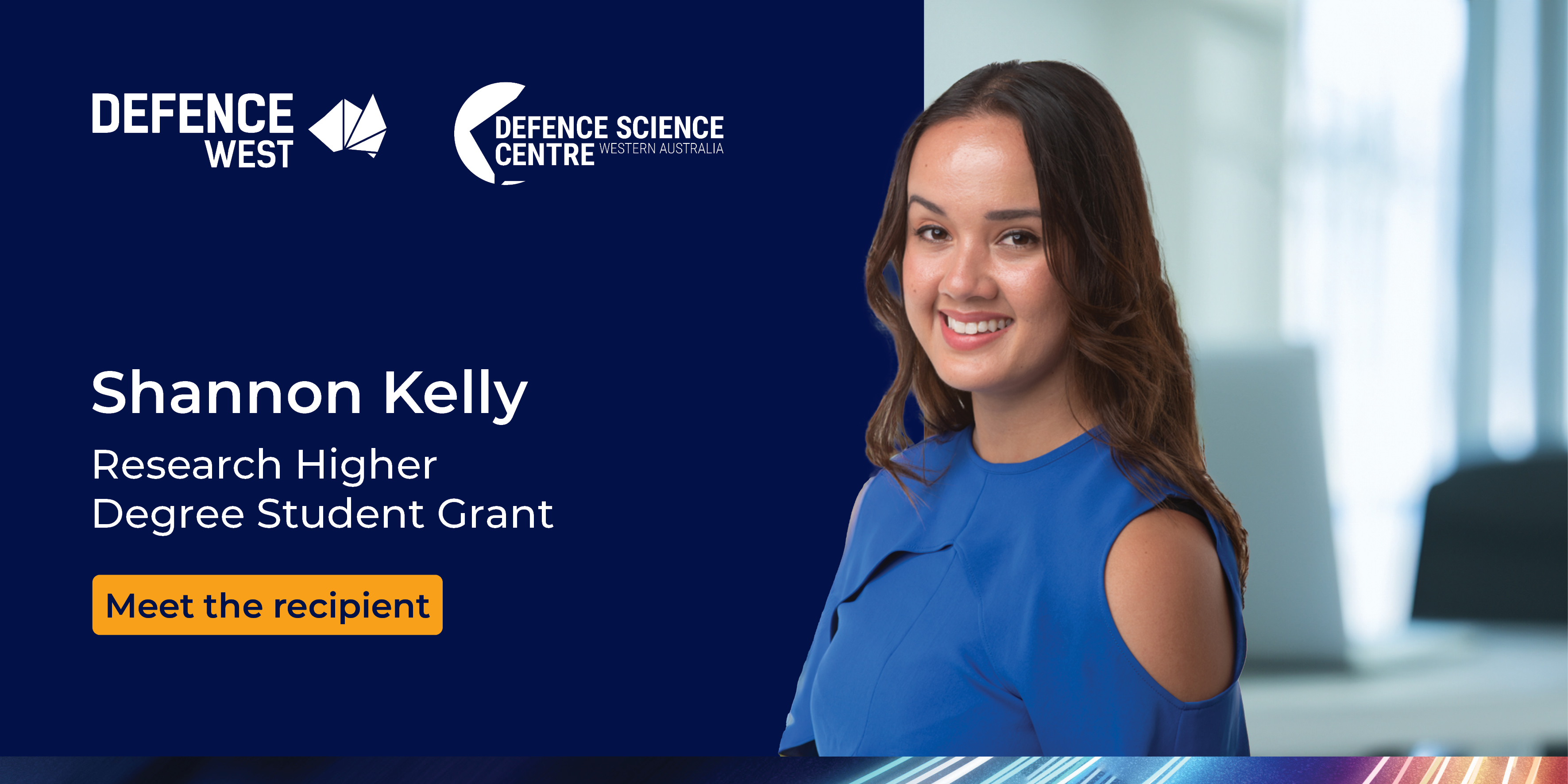 A portrait of a woman in a blue shirt against a navy background. The text on the graphic reads "Shannon Kelly Research Higher Degree Student Grant, meet the recipient"