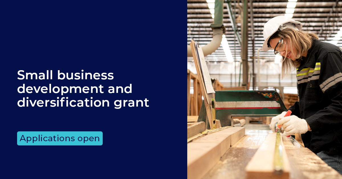 On a navy blue background is the text "Small business development and diversification grant" and "applications open" button. Next to this text is a photograph of a female wood worker in a warehouse.   