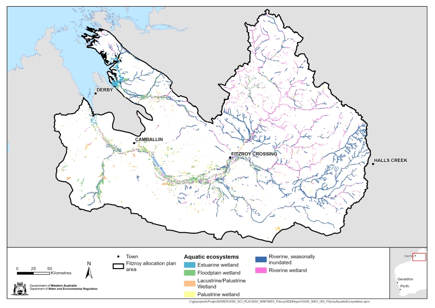 Map of aquatic ecosystem feature dataset for the Fitzroy water allocation plan area
