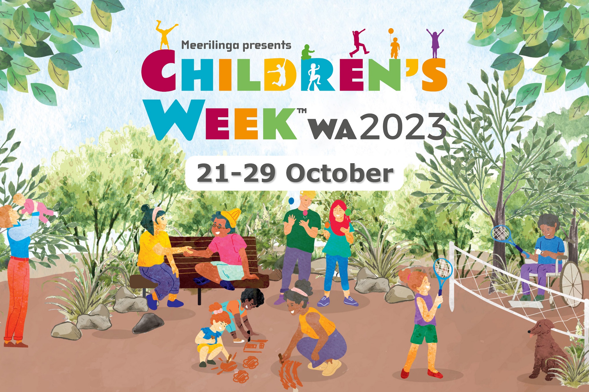 Colourful graphic of children playing, with the words Children's Week WA 2023 21-29 October