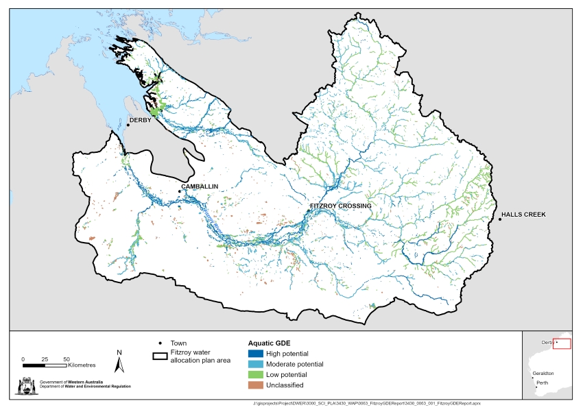 Map of classification of potential aquatic GDE for the Fitzroy water allocation plan area