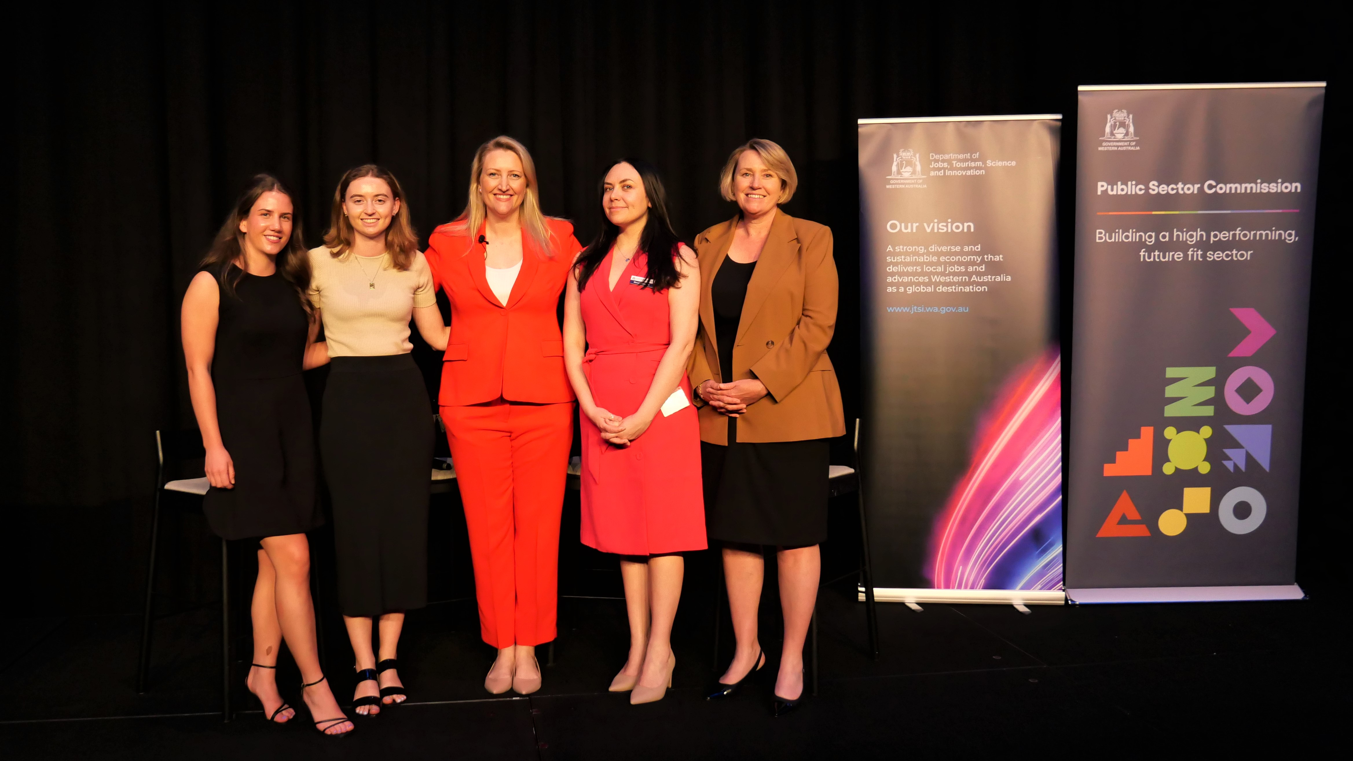 Group photo on the innovative future leaders stage. From left to right is MC Grace Murphy, MC Poppy Evans, Dr Catherine Ball, Meryl Shimmin and Director General Rebecca Brown 