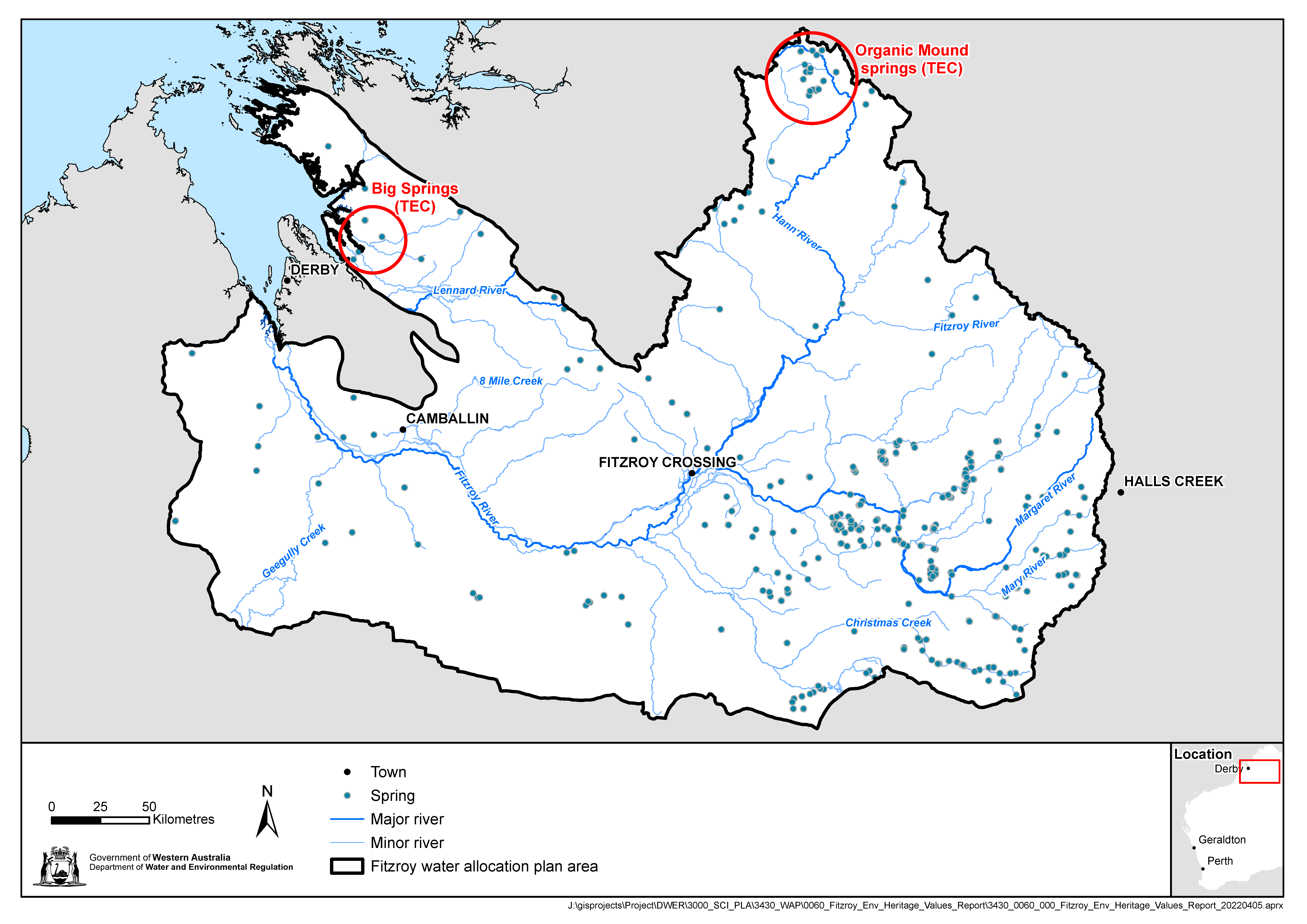 Map of springs in the Fitzroy water allocation plan area